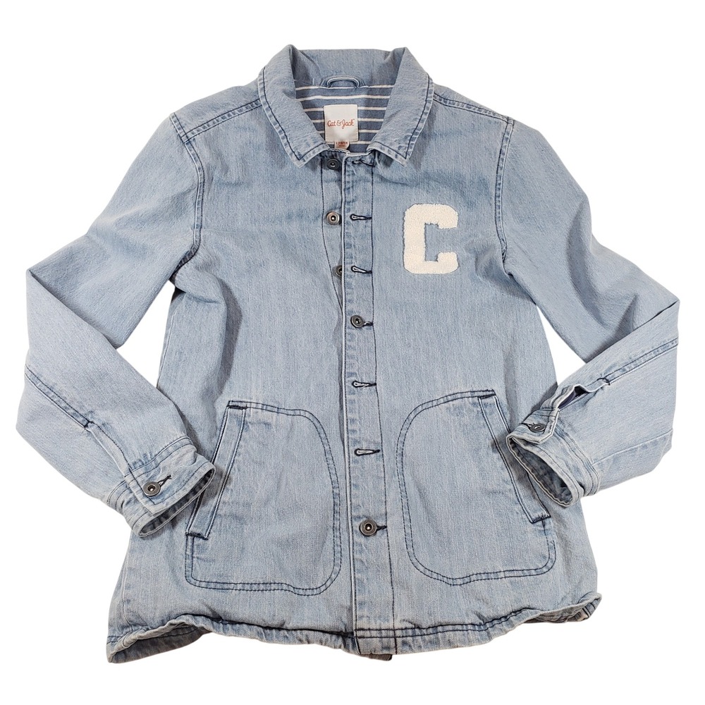 Cat & Jack Kids Denim Jacket Letter C‎ Applique Blue Button Front Size L (12/14)